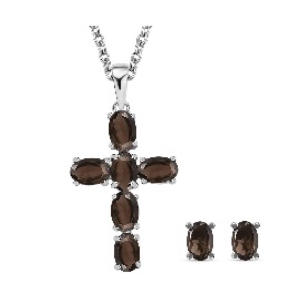 Brazilian Smoky Quartz Stud Earrings and Cross Pendant Necklace (20 Inches) - Picture 1 of 5